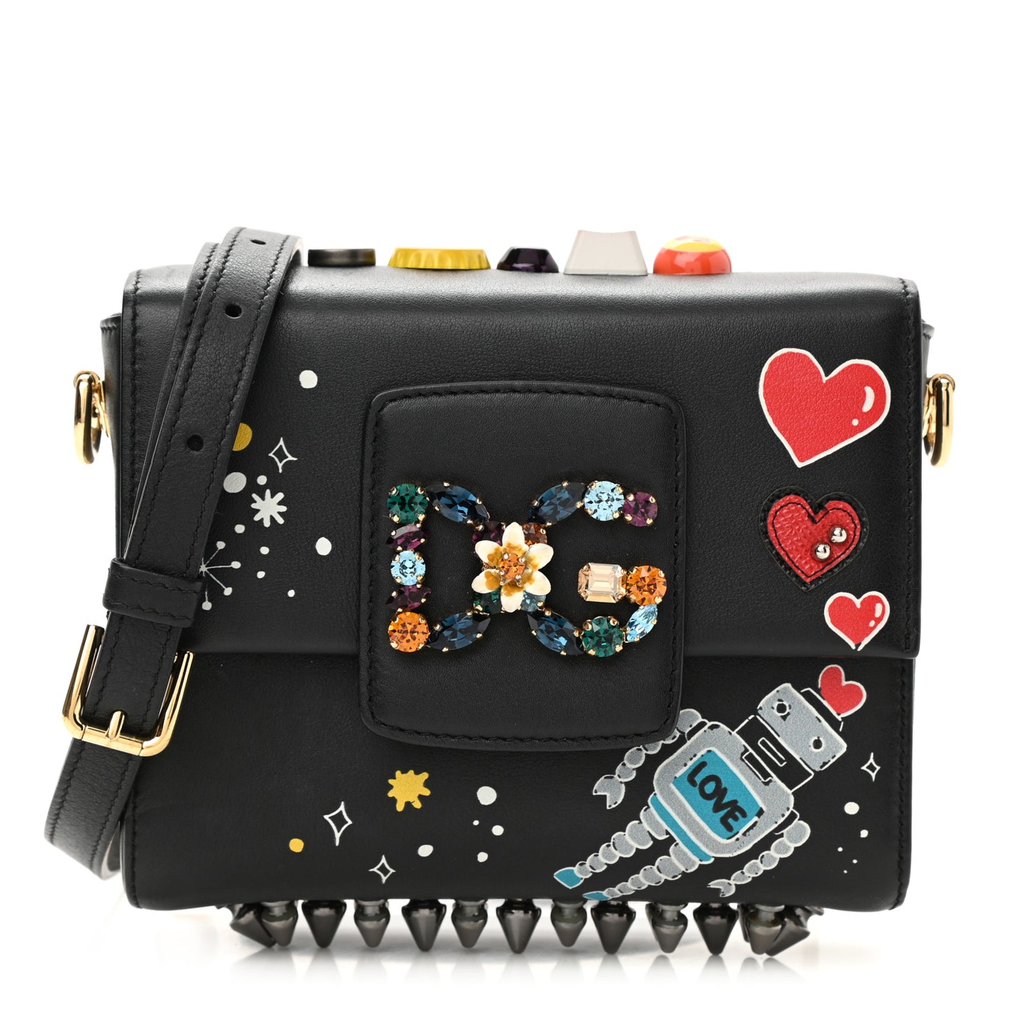 Crystal Embellished Calfkskin Mini Milennials Robot Satchel Black