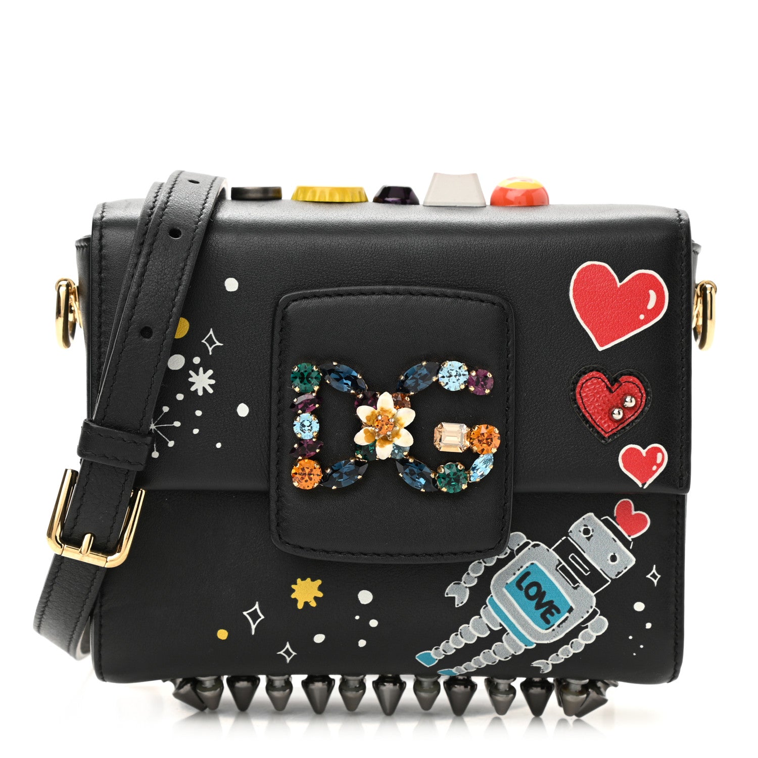 Dolce & Gabbana Crystal Embellished Calfkskin Mini Milennials Robot Satchel Black 1 of 7
