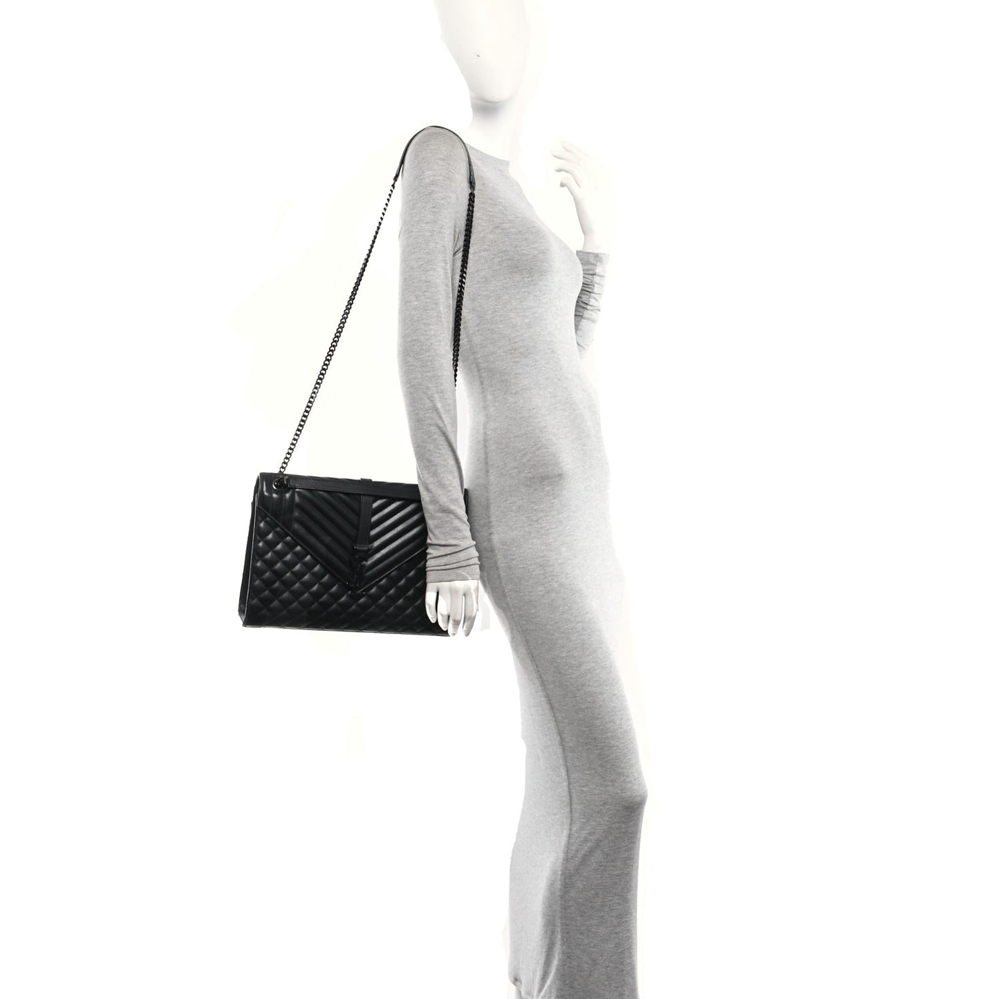 Grain De Poudre Textured Mixed Matelasse Large Triquilt Monogram Monochrome Satchel Black