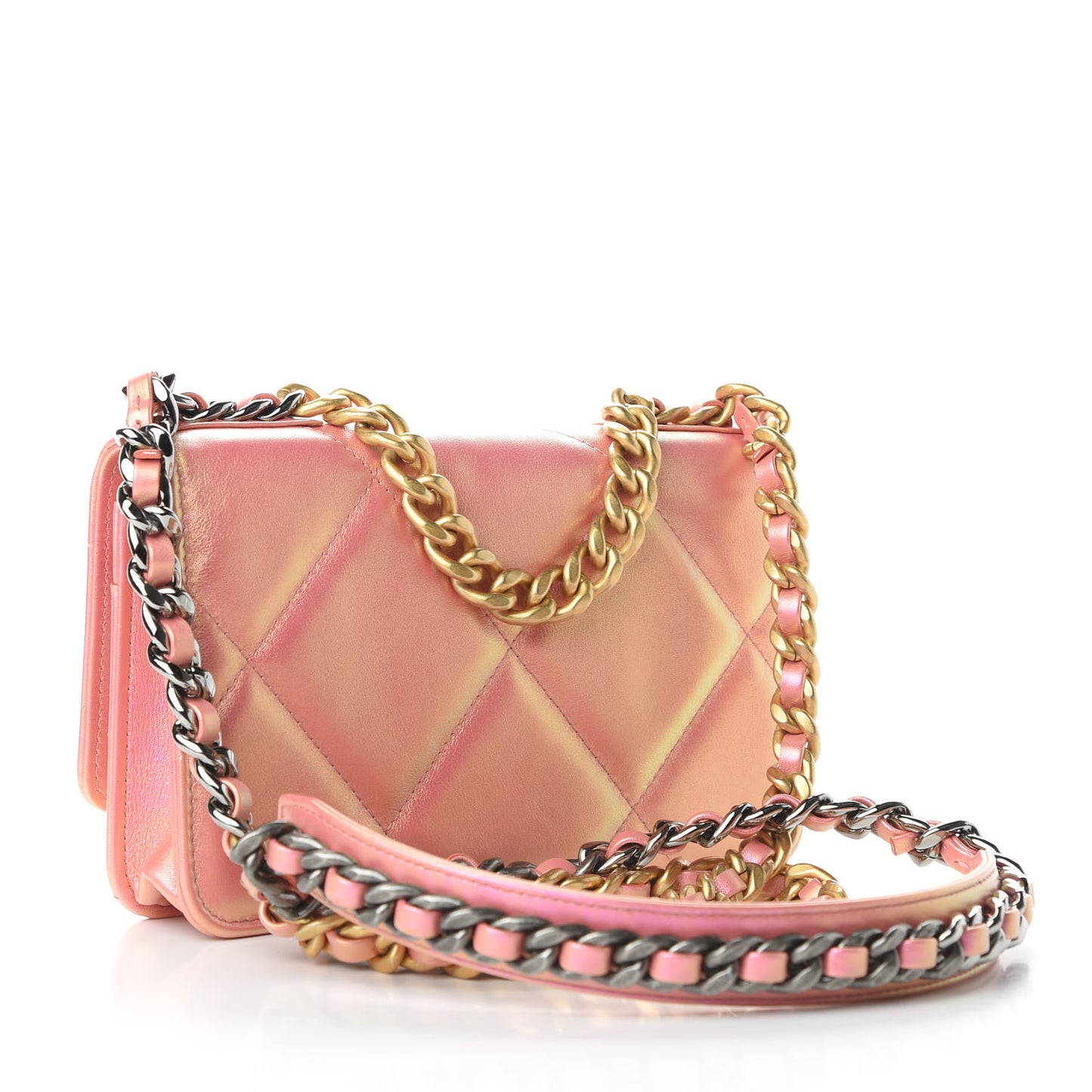 Iridescent Calfskin Quilted 19 Wallet On Chain WOC Pink