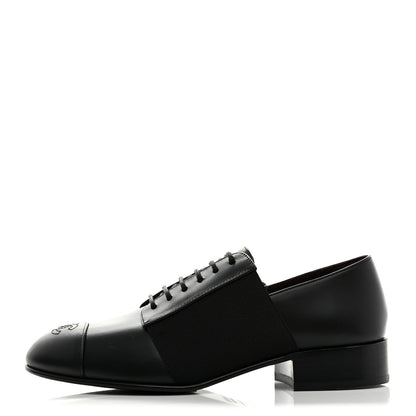 Chanel Calfskin Elastic Lace Up Cap Toe CC Loafers 36 Black 1 of 9