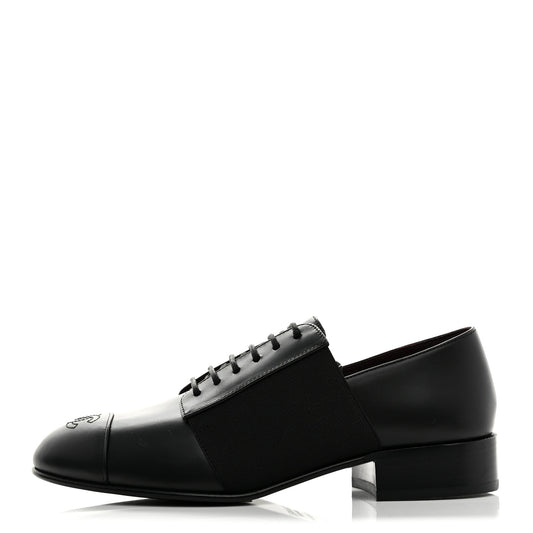 Calfskin Elastic Lace Up Cap Toe CC Loafers 36 Black