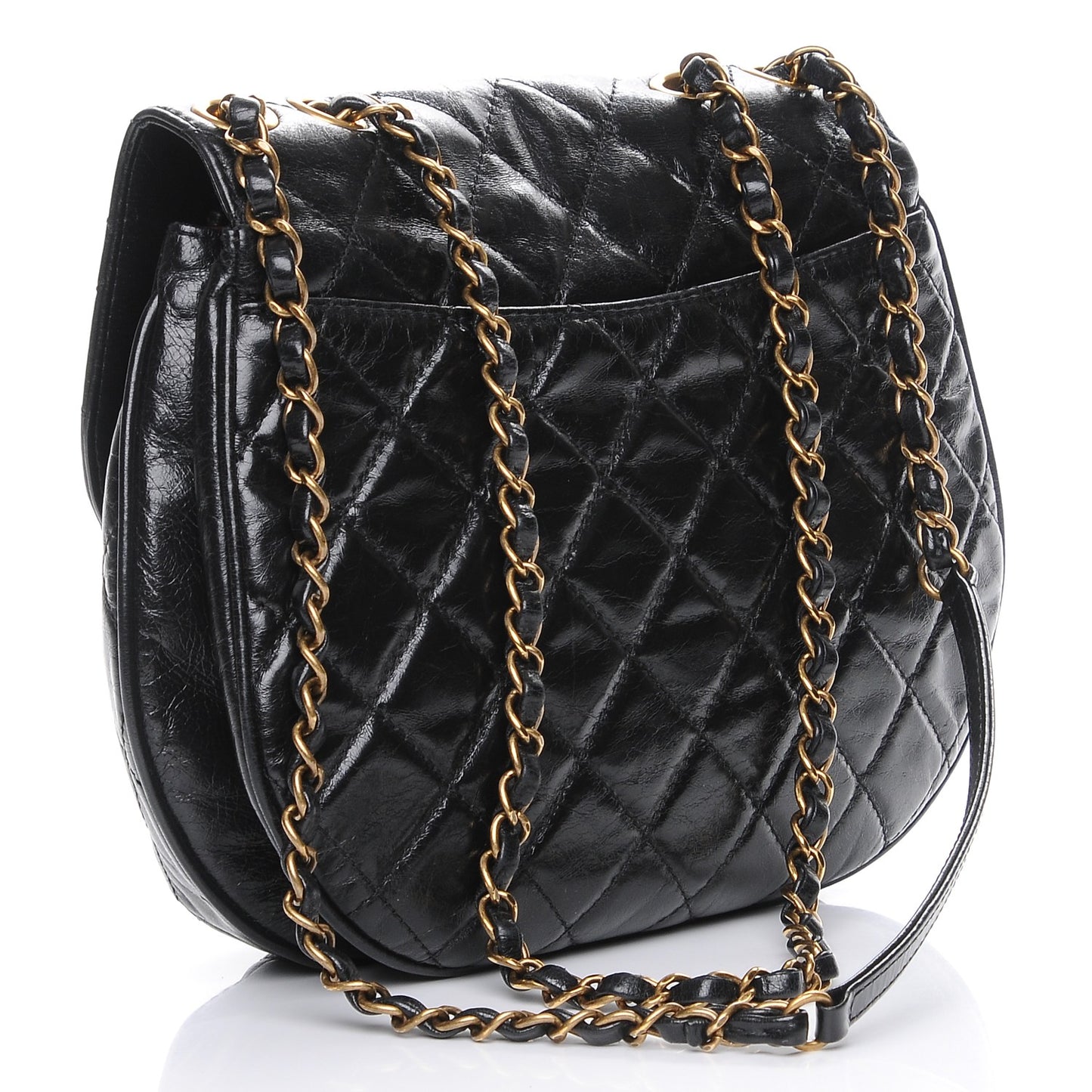 Glazed Calfskin Quilted Medium Bubble CC Flap Black