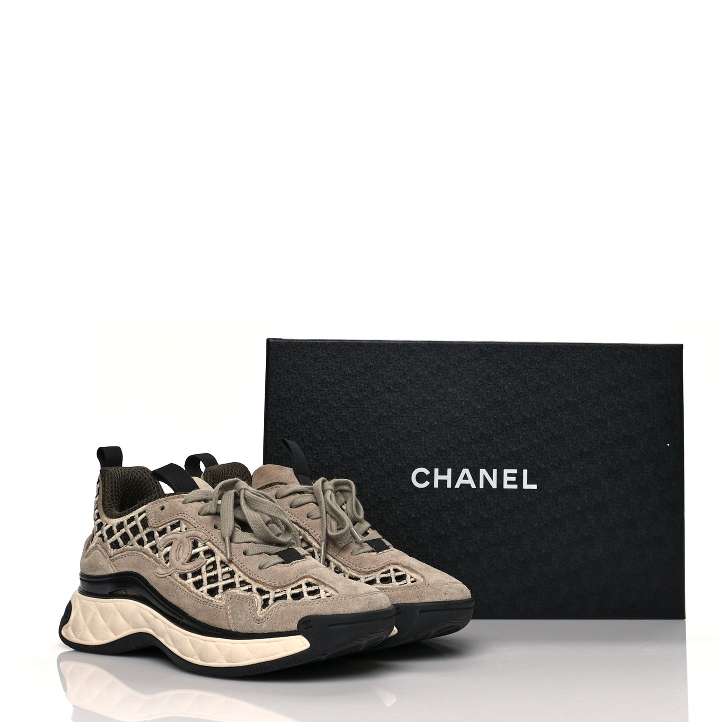 Suede Calfskin Embroidered CC Sneakers 35.5 Beige Black
