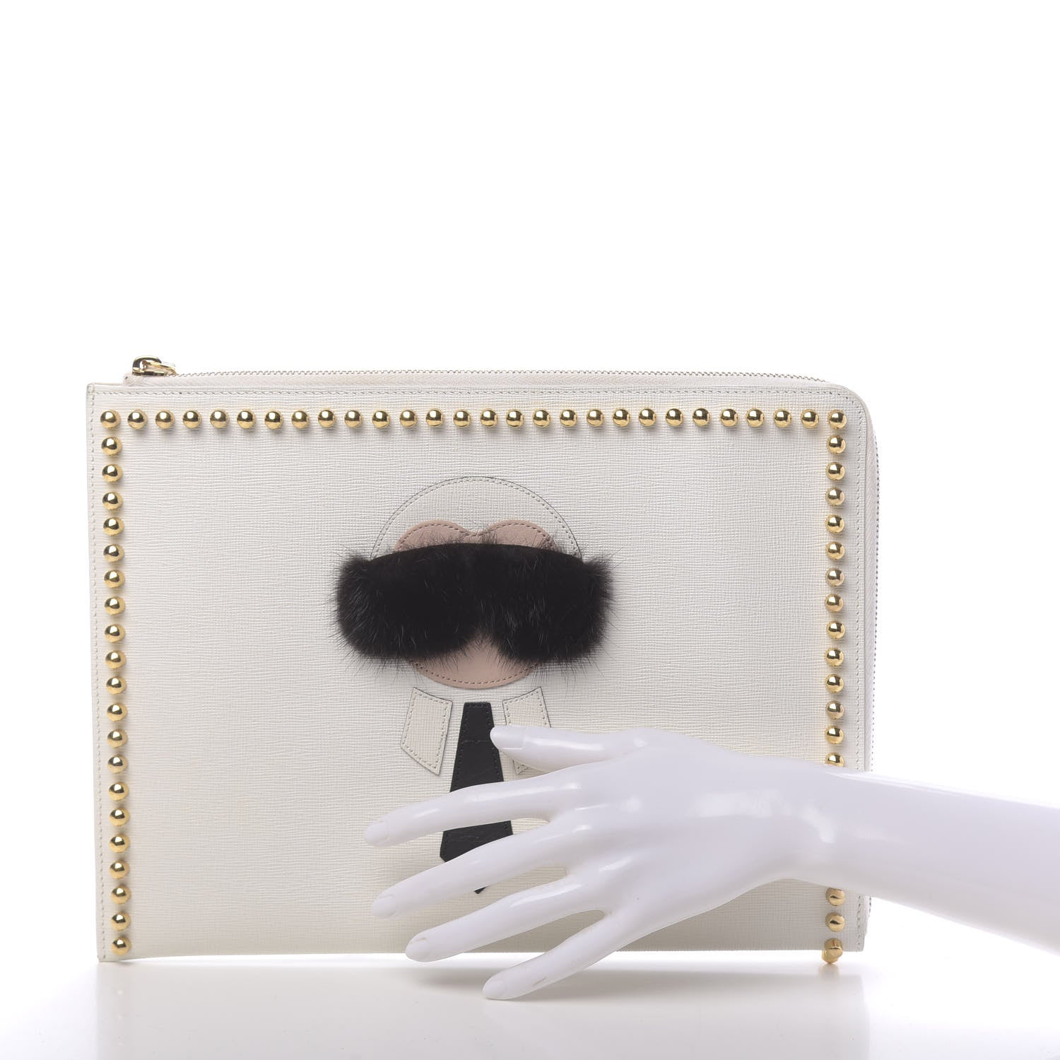 Fendi Vitello Elite Mink Fur Studded Karlito Zip Around Pouch White 2 of 11