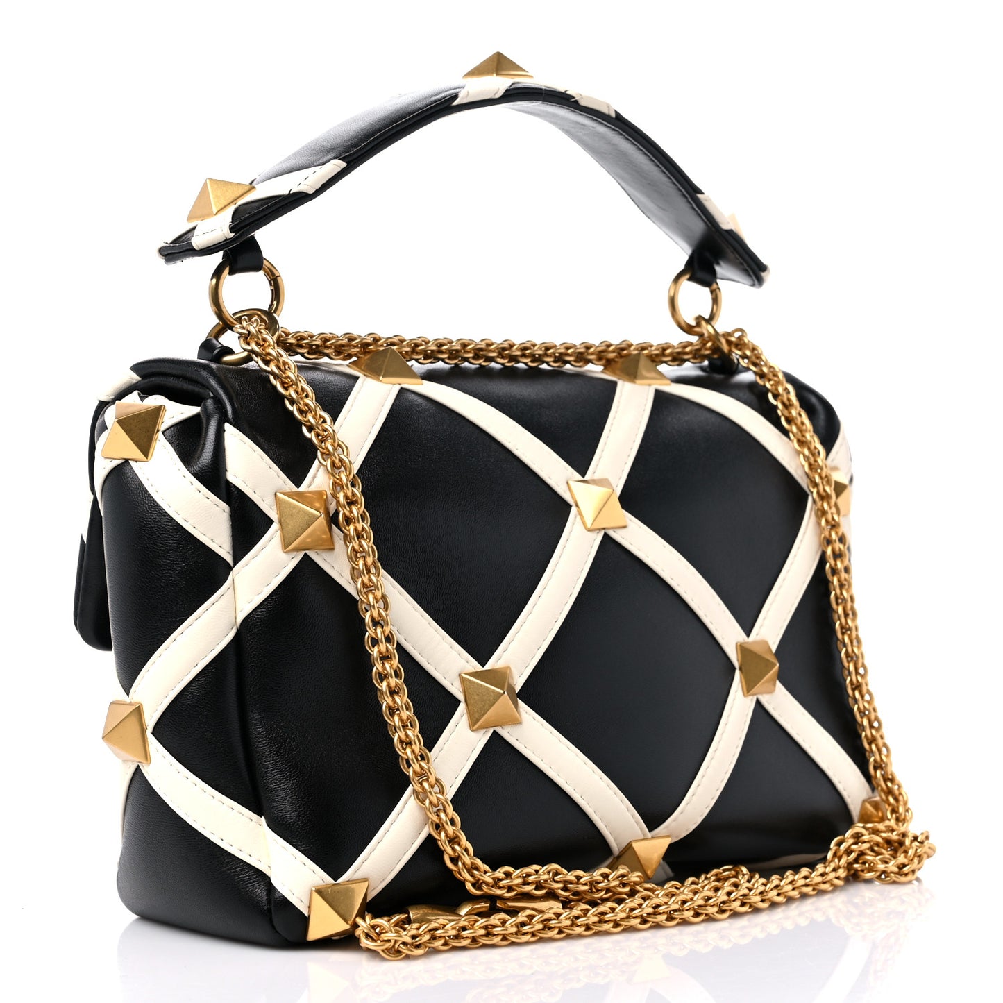 Nappa Large Roman Stud Shoulder Bag Black White