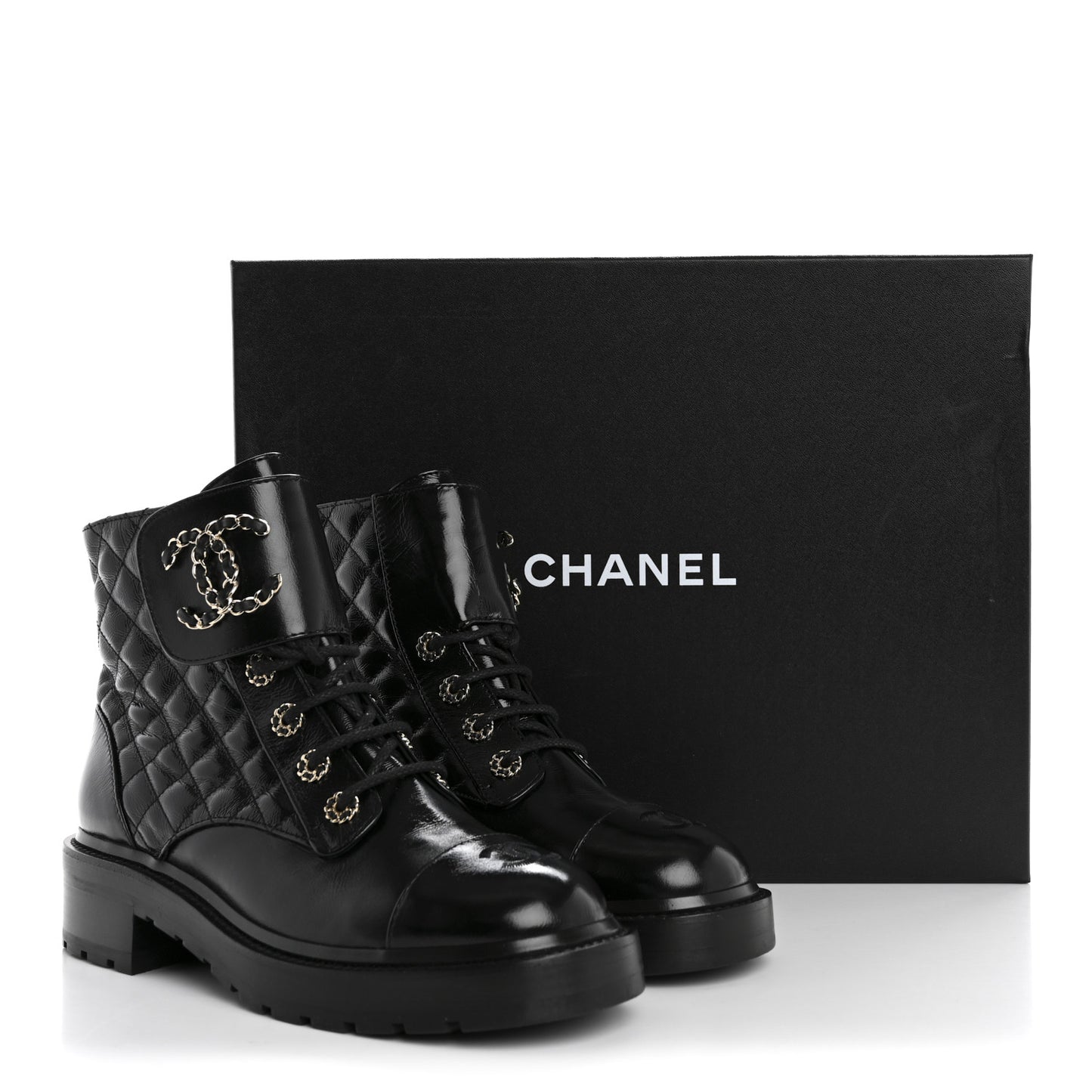 Shiny Calfskin Quilted Lace Up Combat Boots 38.5 Black