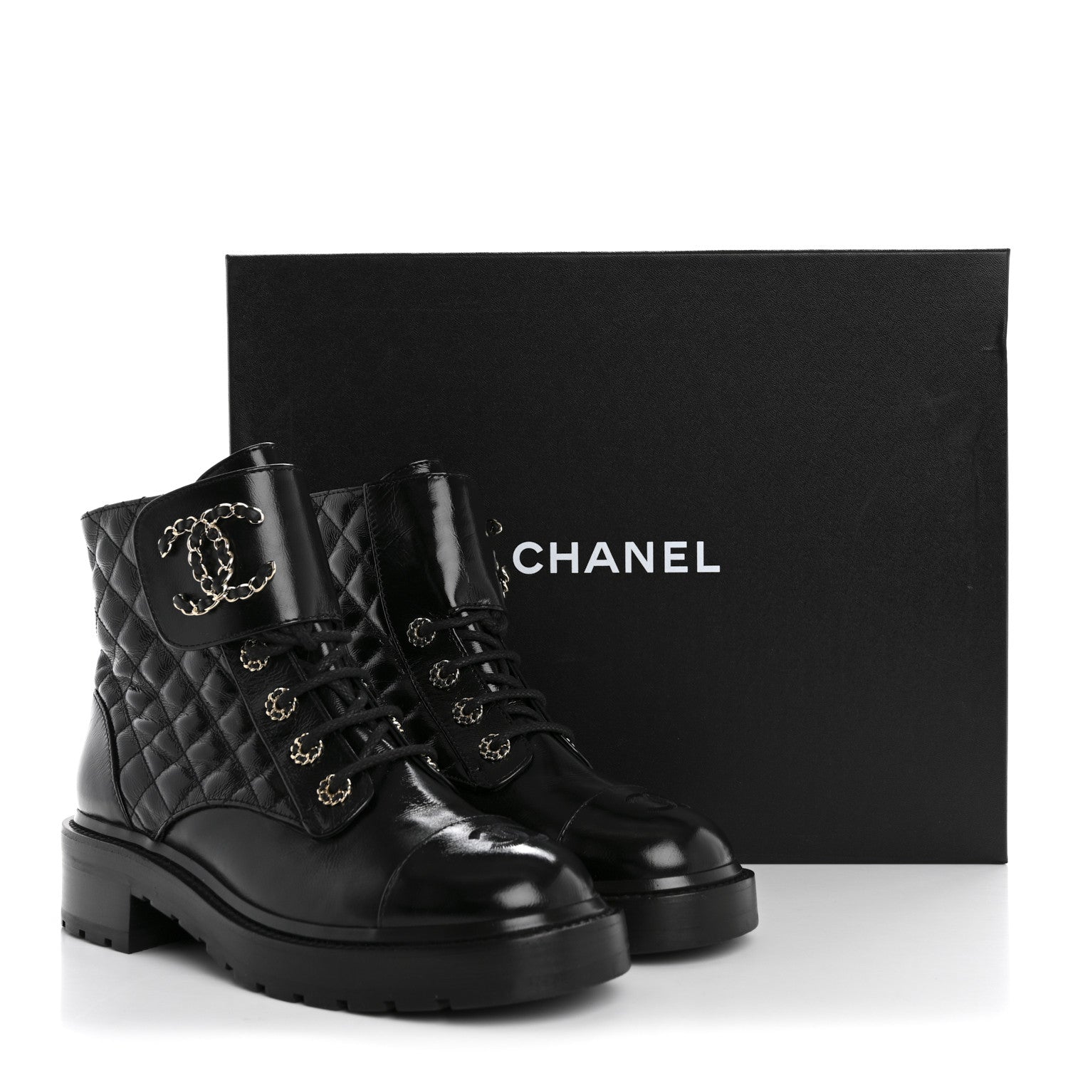 Chanel Shiny Calfskin Quilted Lace Up Combat Boots 38.5 Black 10 of 10