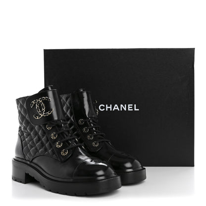 Chanel Shiny Calfskin Quilted Lace Up Combat Boots 38.5 Black 10 of 10