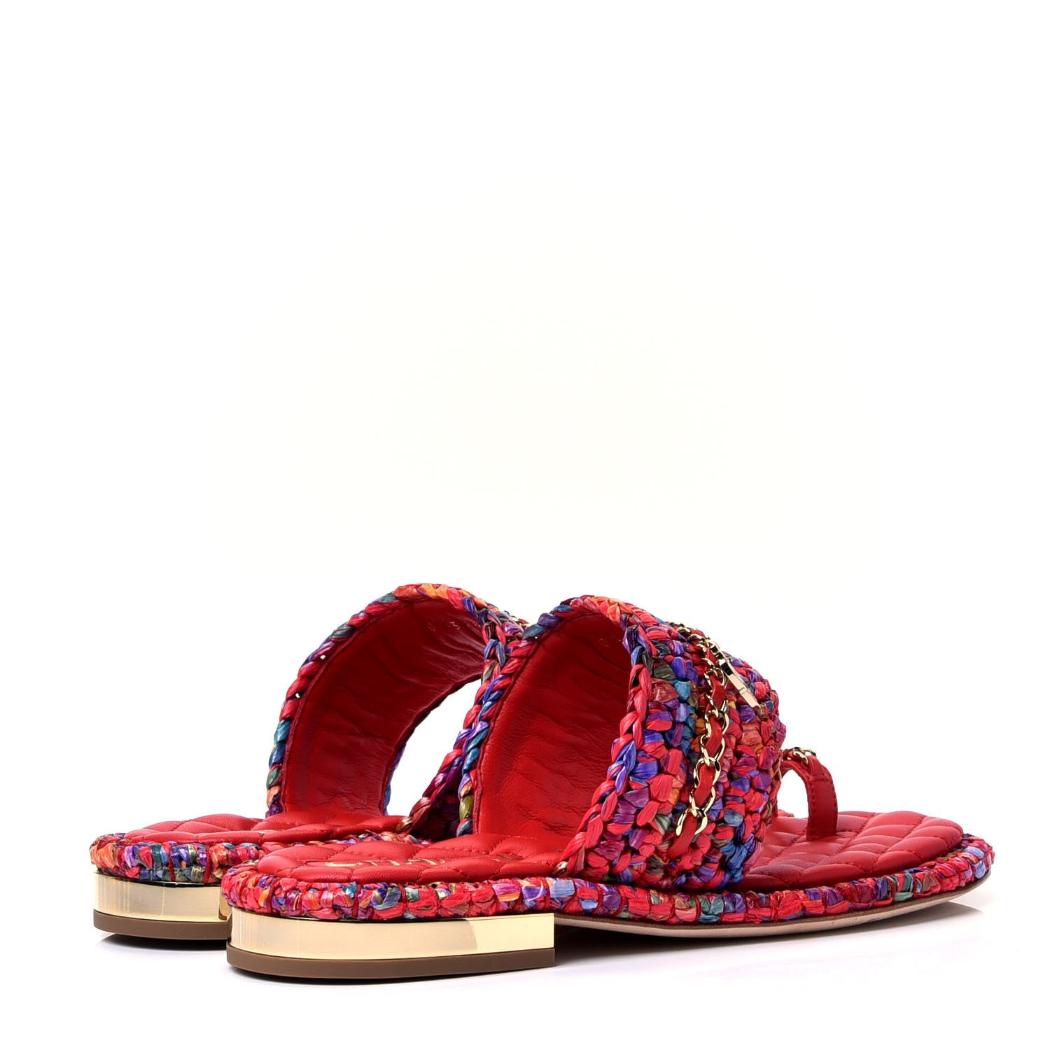 Chanel Raffia Lambskin Woven Chain CC Toe Ring Sandals 36.5 Red Multicolor 3 of 10