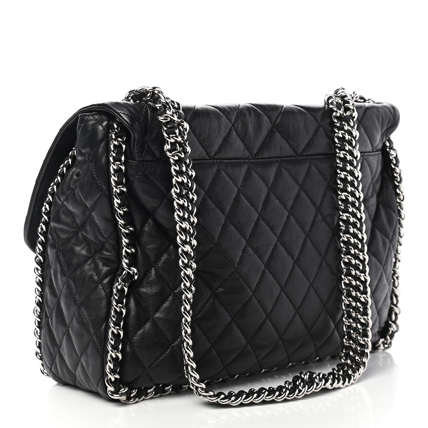 Washed Lambskin Quilted Maxi Chain Around Flap Black
