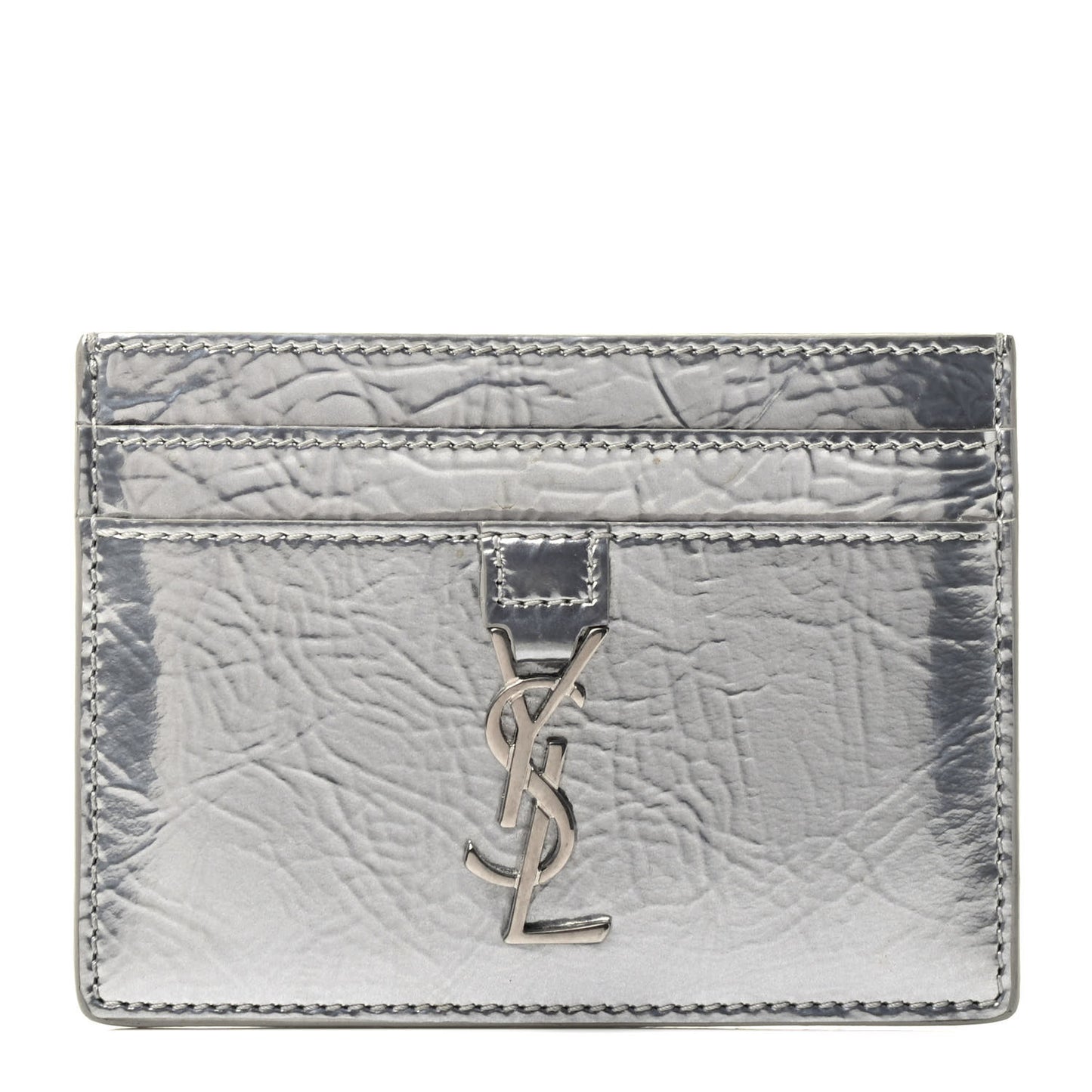 Textured Patent Metallic Monogram Credit Card Case Argento