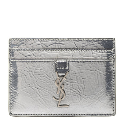 Saint Laurent Textured Patent Metallic Monogram Credit Card Case Argento 1 of 3