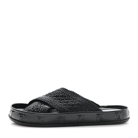 Raffia Rubber FF Woven Reflections Crisscross Slide Sandals 39 Black