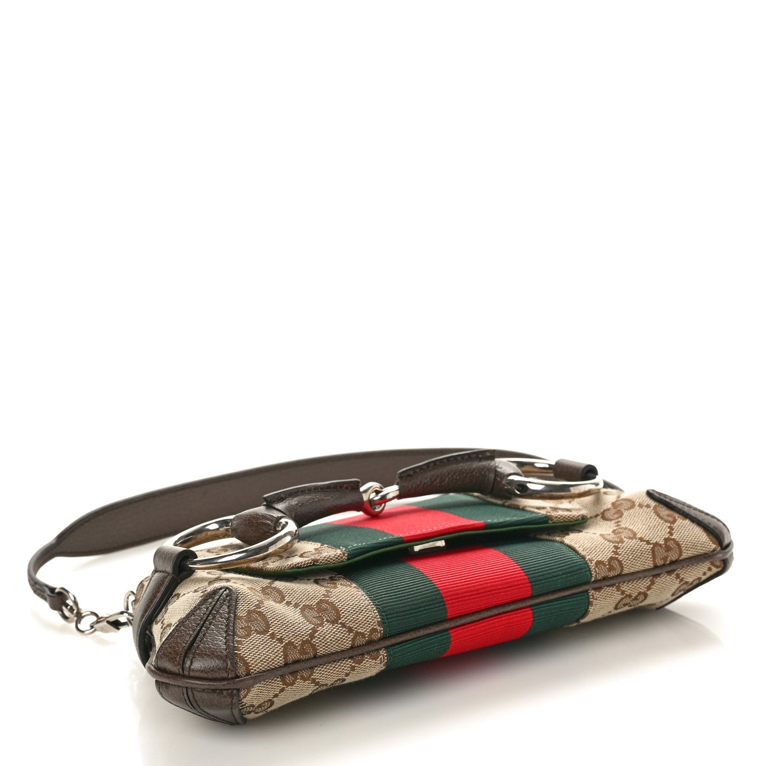 Gucci Monogram Textured Dollar Calfskin Heavy Grosgrain Web Small Maxi Horsebit Chain Shoulder Bag Beige Ebony New Acero 4 of 10
