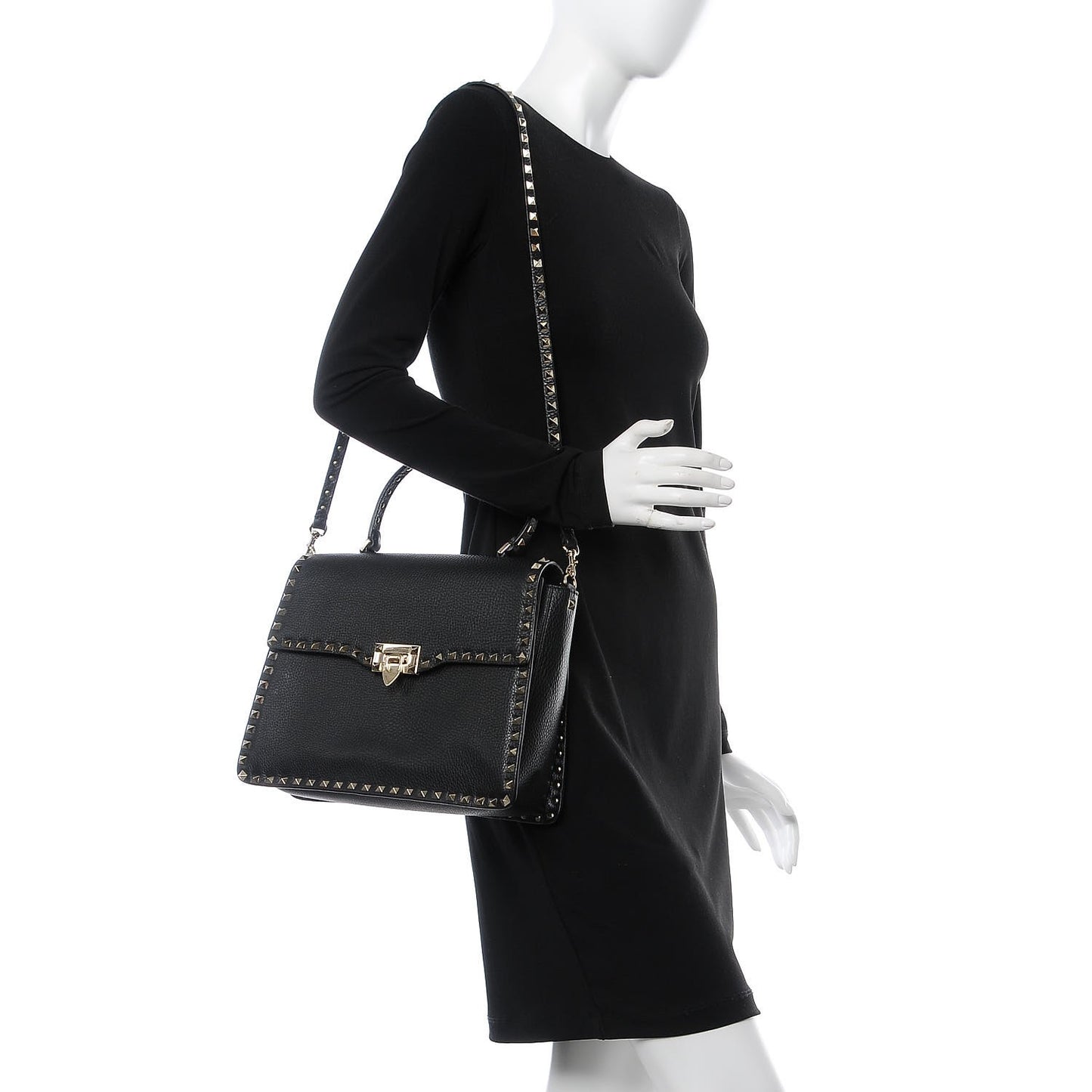 Grained Calfskin Rockstud Top Handle Flap Shoulder Bag Black