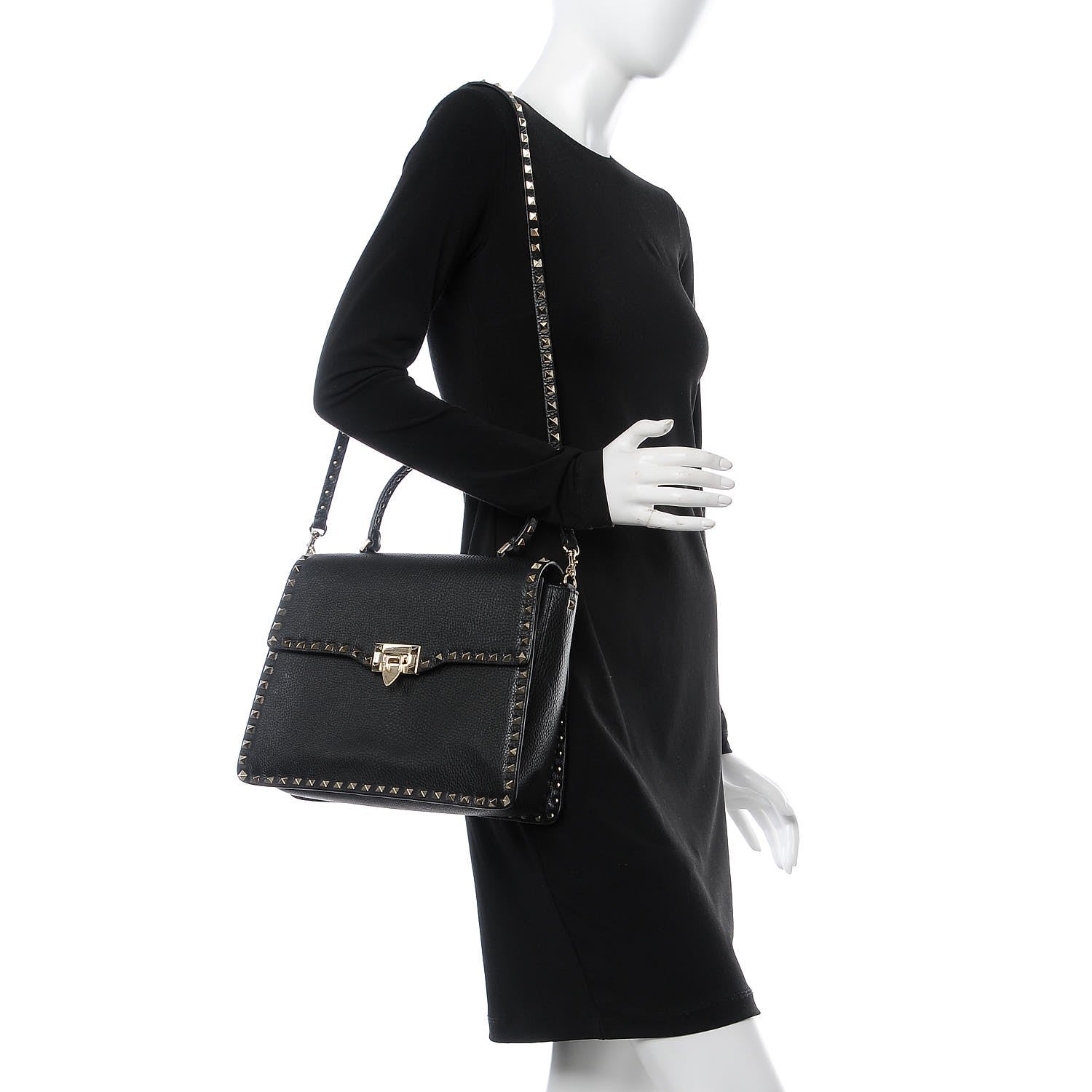 Valentino Garavani Grained Calfskin Rockstud Top Handle Flap Shoulder Bag Black 2 of 10