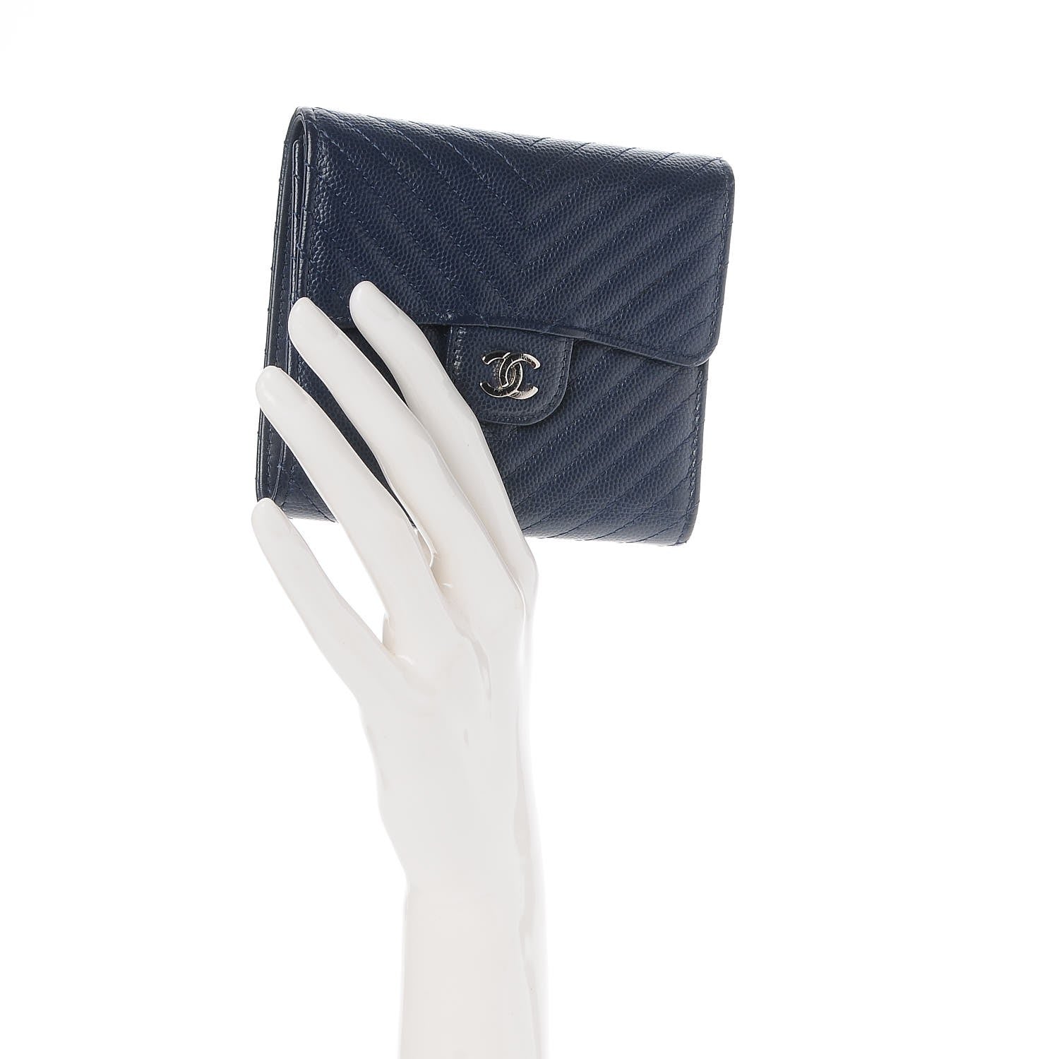 Chanel Caviar Chevron Quilted Compact Flap Wallet Navy 2 of 9