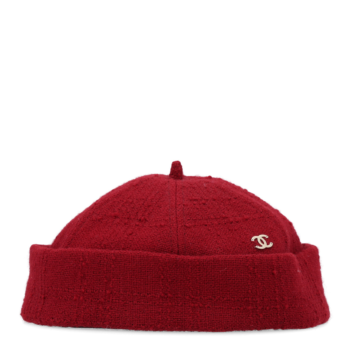 Chanel Wool Tweed CC Beret Beanie Hat L Burgundy 3 of 9
