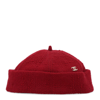 Chanel Wool Tweed CC Beret Beanie Hat L Burgundy 3 of 9