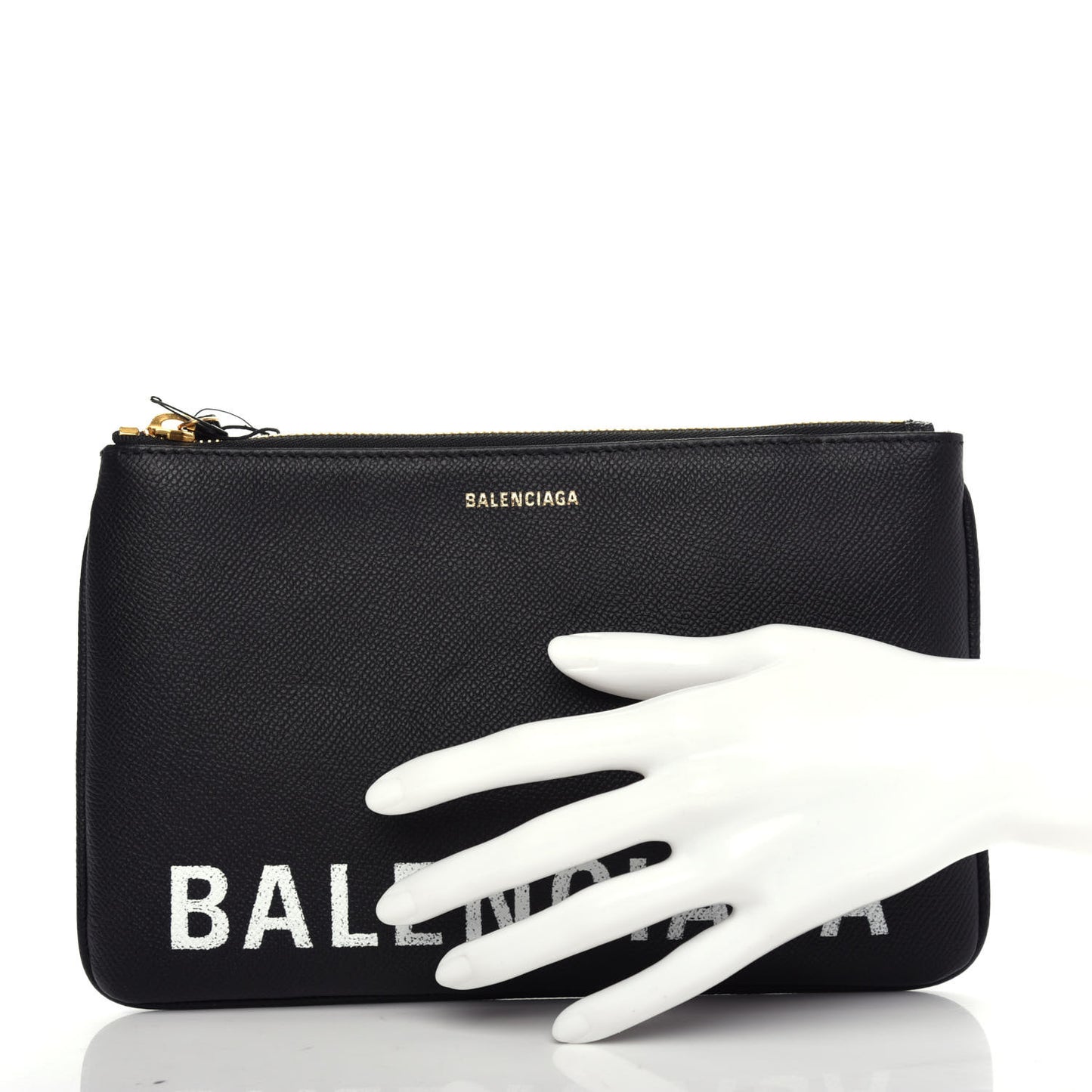Signature Grained Calfskin Logo Ville Zip Pouch M Black White