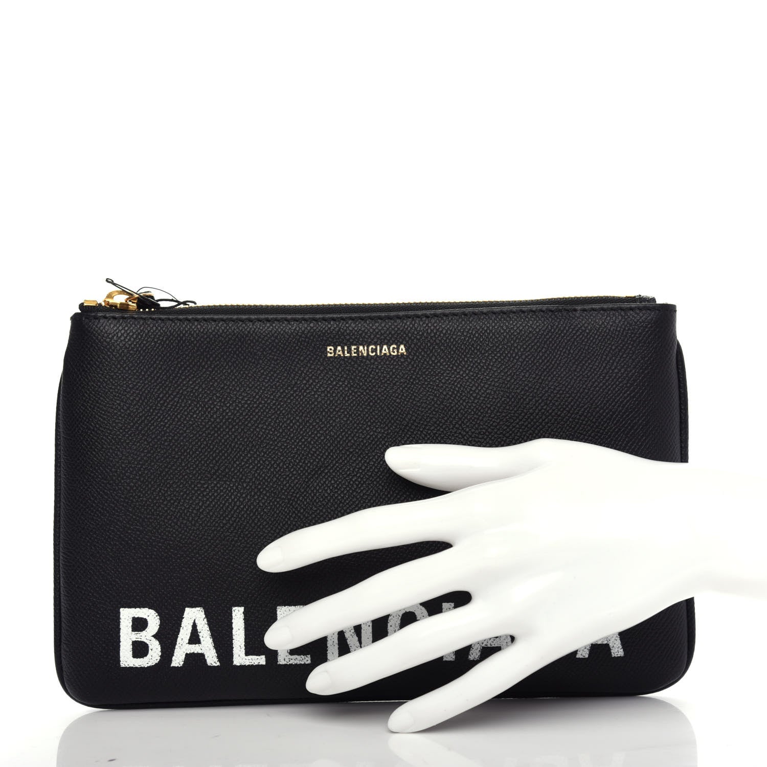 Balenciaga Signature Grained Calfskin Logo Ville Zip Pouch M Black White 2 of 6