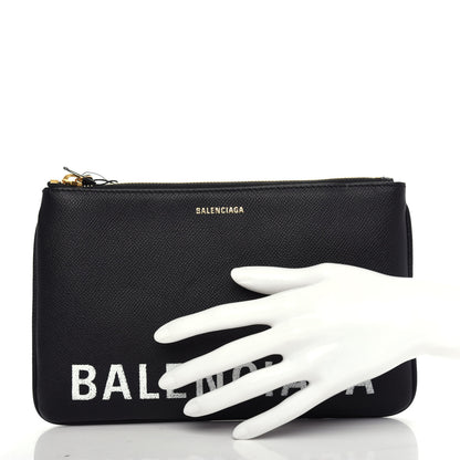 Balenciaga Signature Grained Calfskin Logo Ville Zip Pouch M Black White 2 of 6