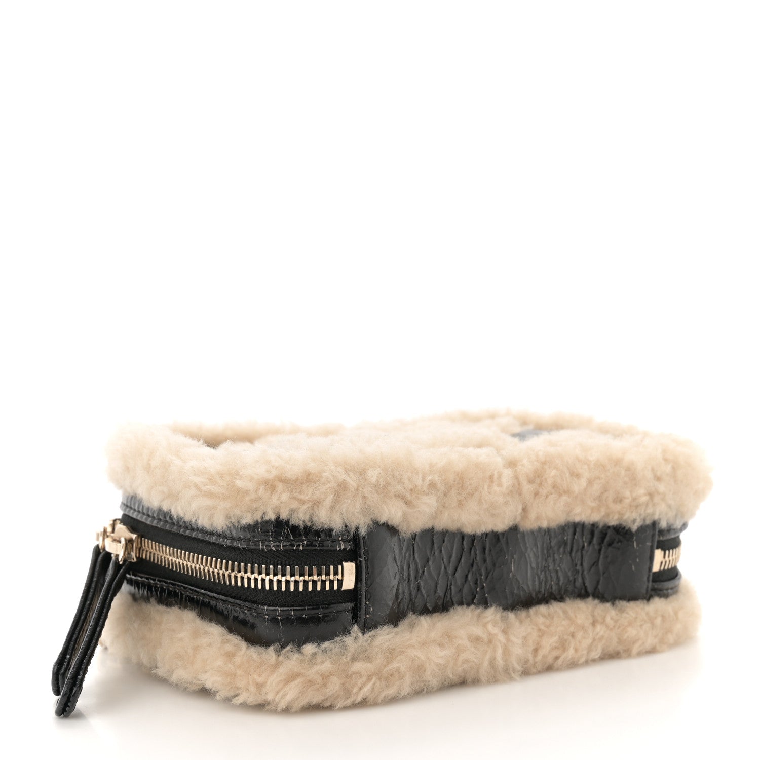 Chanel Shiny Crumpled Sheepskin Shearling Waist Bag Black Beige 4 of 12