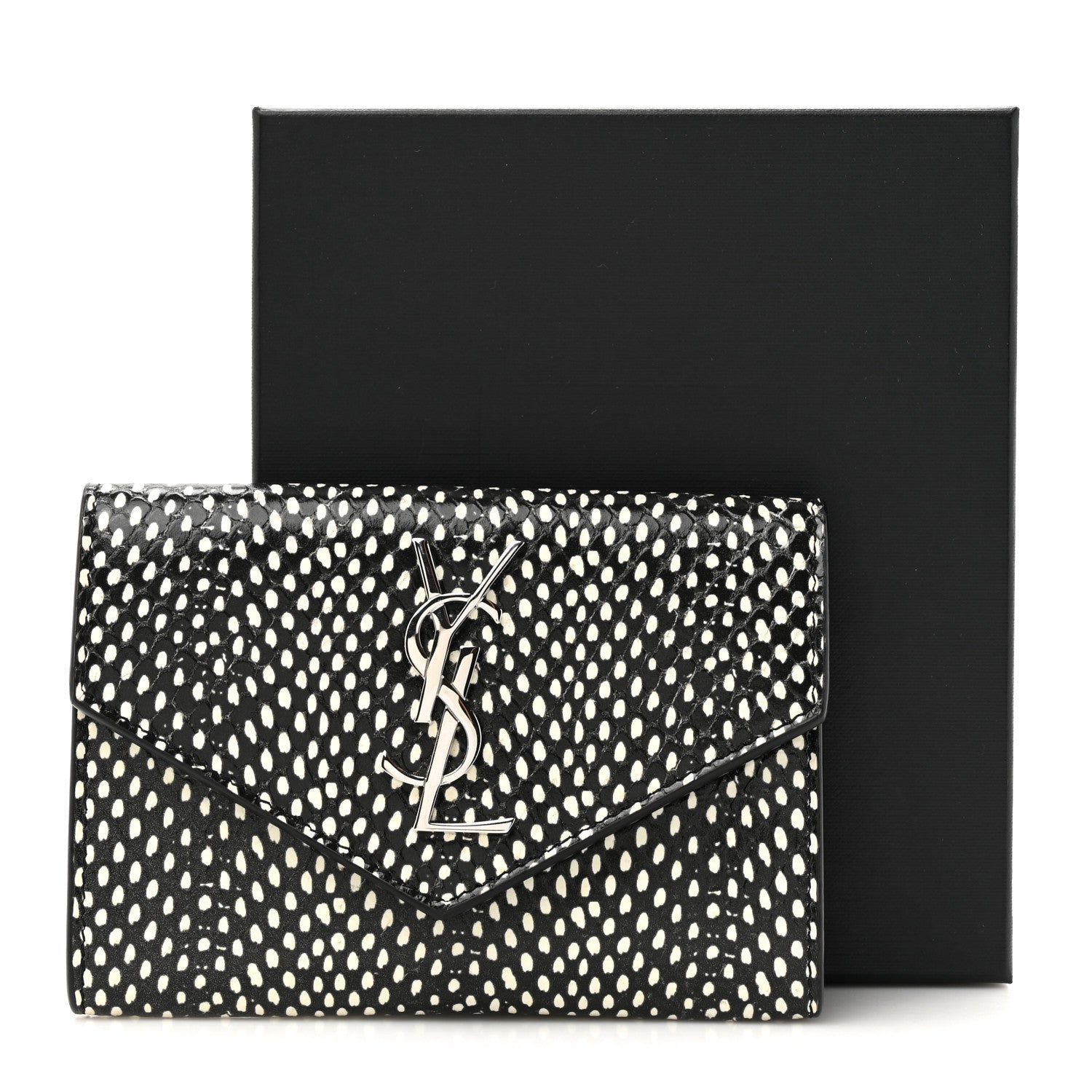 Saint Laurent Calfskin Lambskin Snakeskin Embossed Small Monogram Envelope Wallet Black White 8 of 8