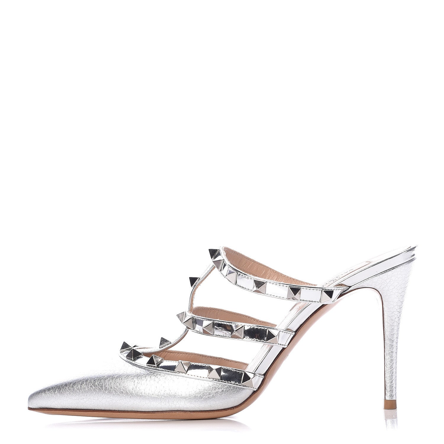 Valentino Garavani Metallic Pebbled Calfskin Rockstud 90mm Cage Mules 37.5 Silver 1 of 11