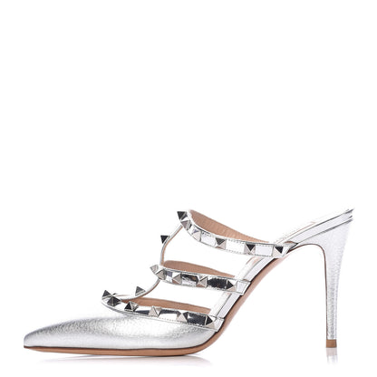 Valentino Garavani Metallic Pebbled Calfskin Rockstud 90mm Cage Mules 37.5 Silver 1 of 11