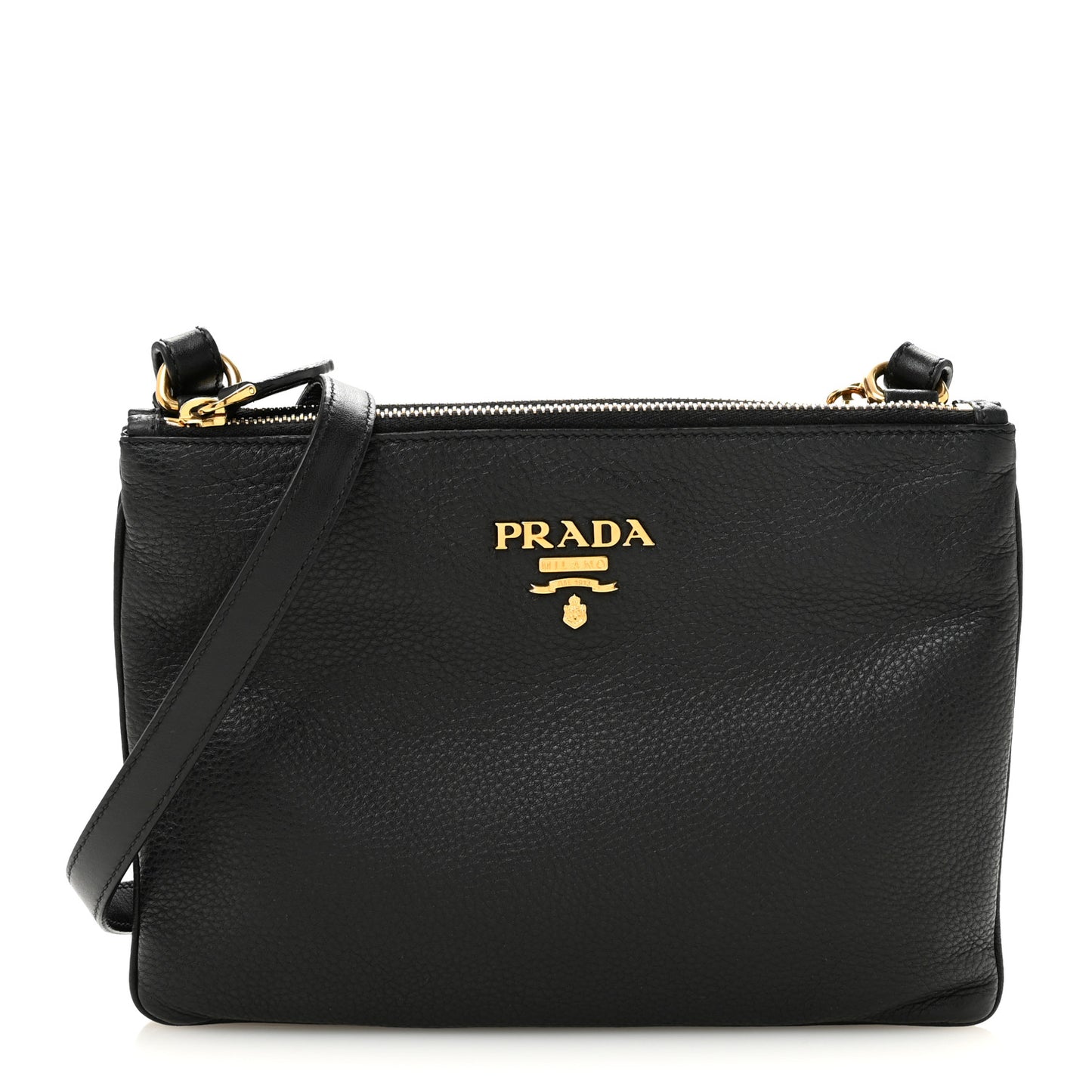 Vitello Daino Double Zip Crossbody Bag Black