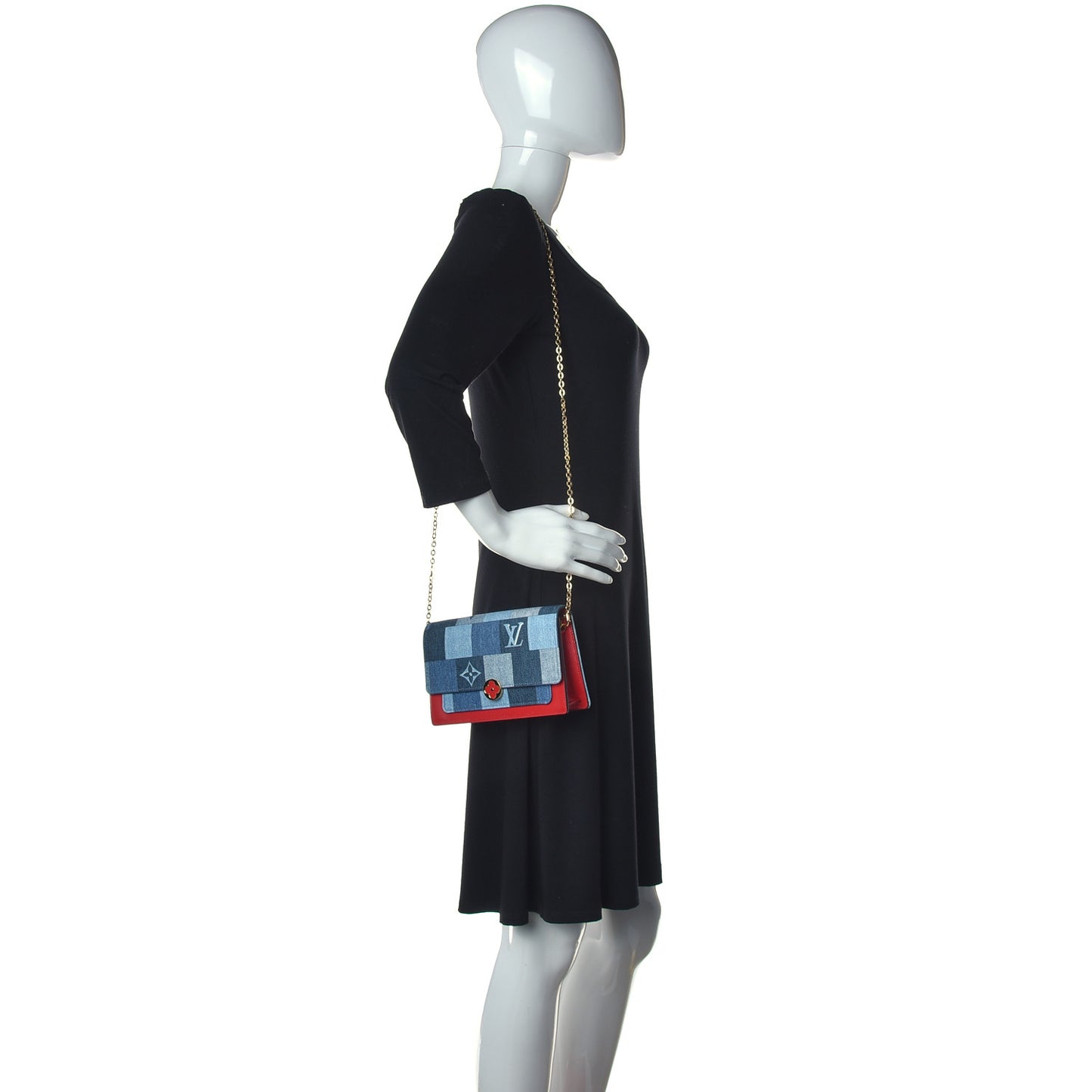 Denim Damier Monogram Patchwork Flore Chain Wallet Blue Rouge
