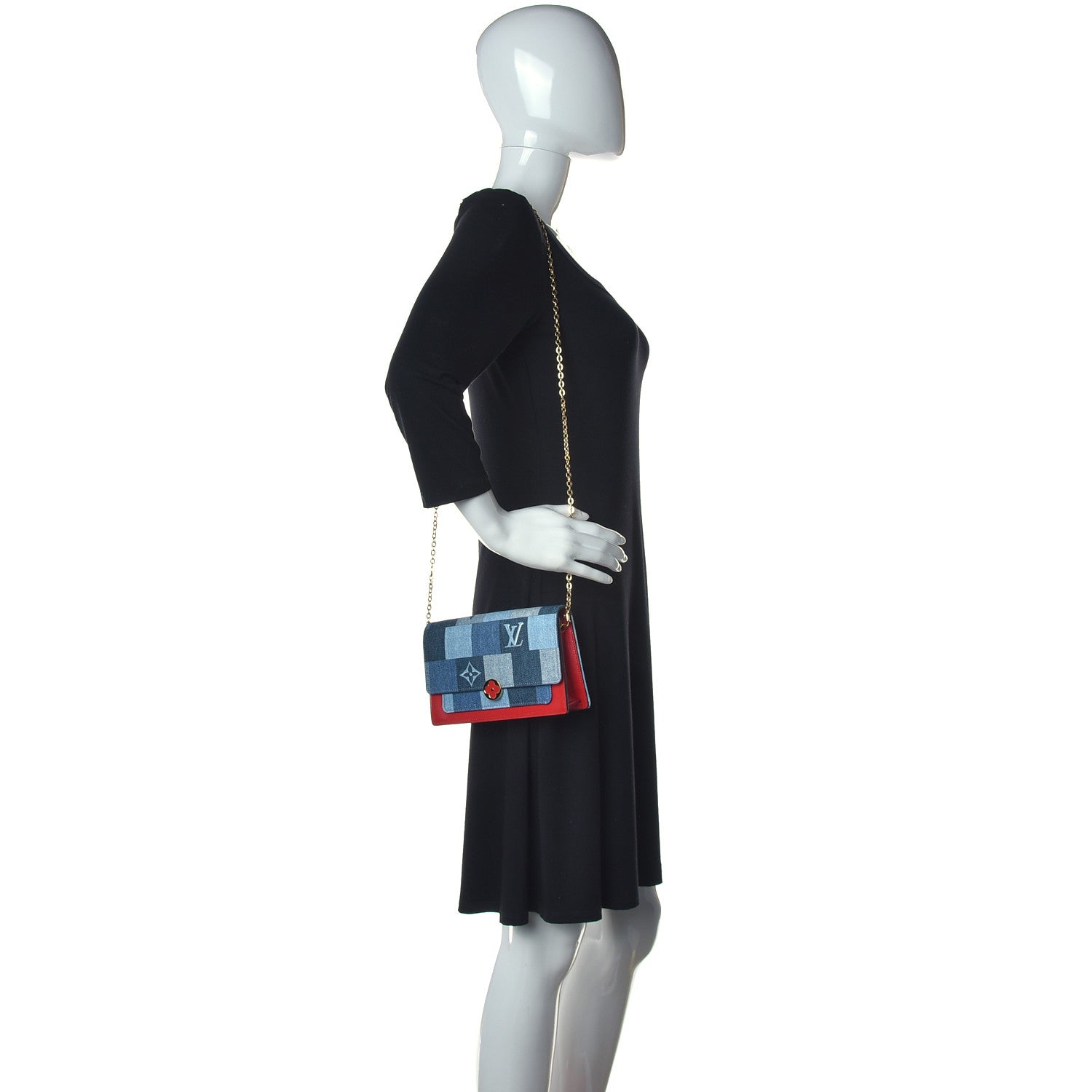 Louis Vuitton Denim Damier Monogram Patchwork Flore Chain Wallet Blue Rouge 2 of 9