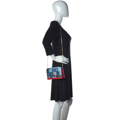 Louis Vuitton Denim Damier Monogram Patchwork Flore Chain Wallet Blue Rouge 2 of 9