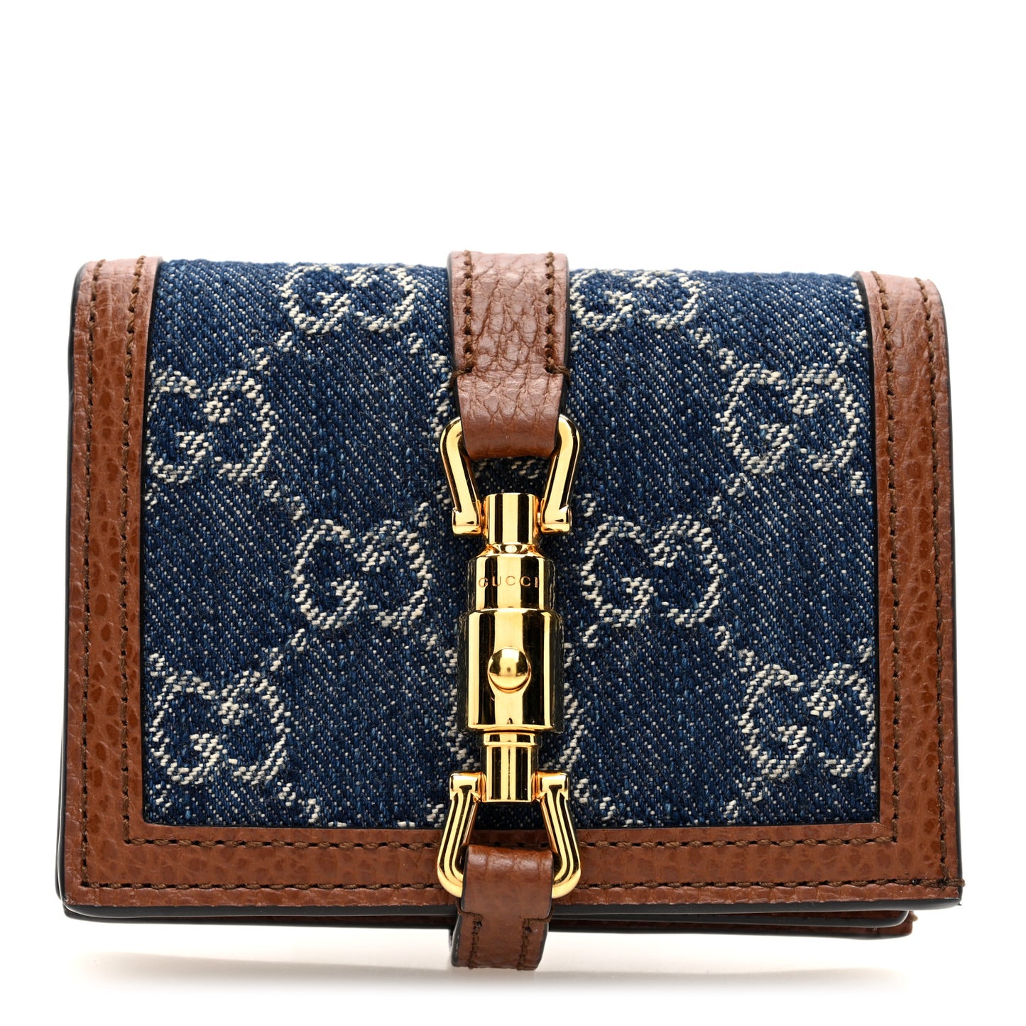 New Denim GG Monogram Jackie 1961 Card Case Blue Tea Cuir