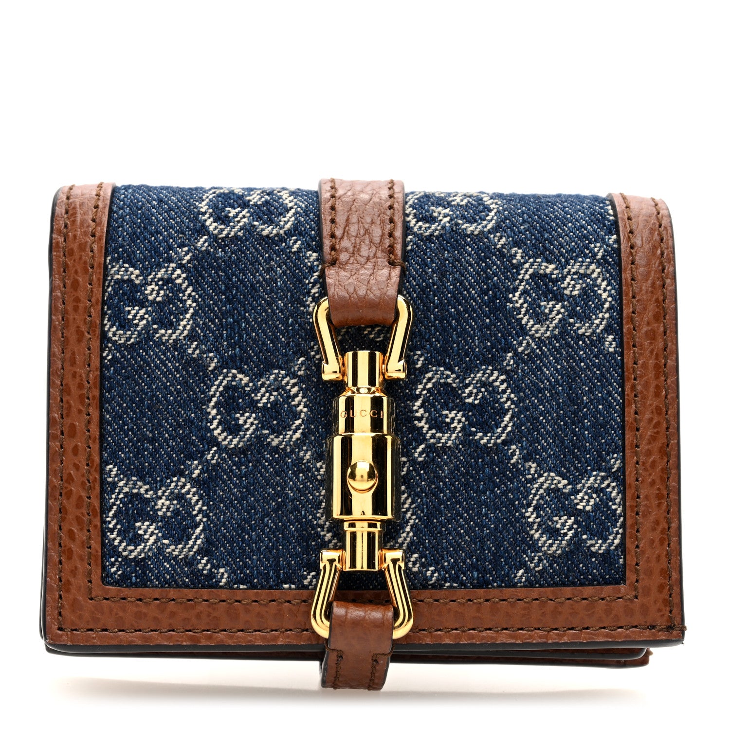 Gucci New Denim GG Monogram Jackie 1961 Card Case Blue Tea Cuir 1 of 6