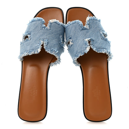 Hermes Denim Oran Fringe Sandals 40 Bleu Clair 2 of 10