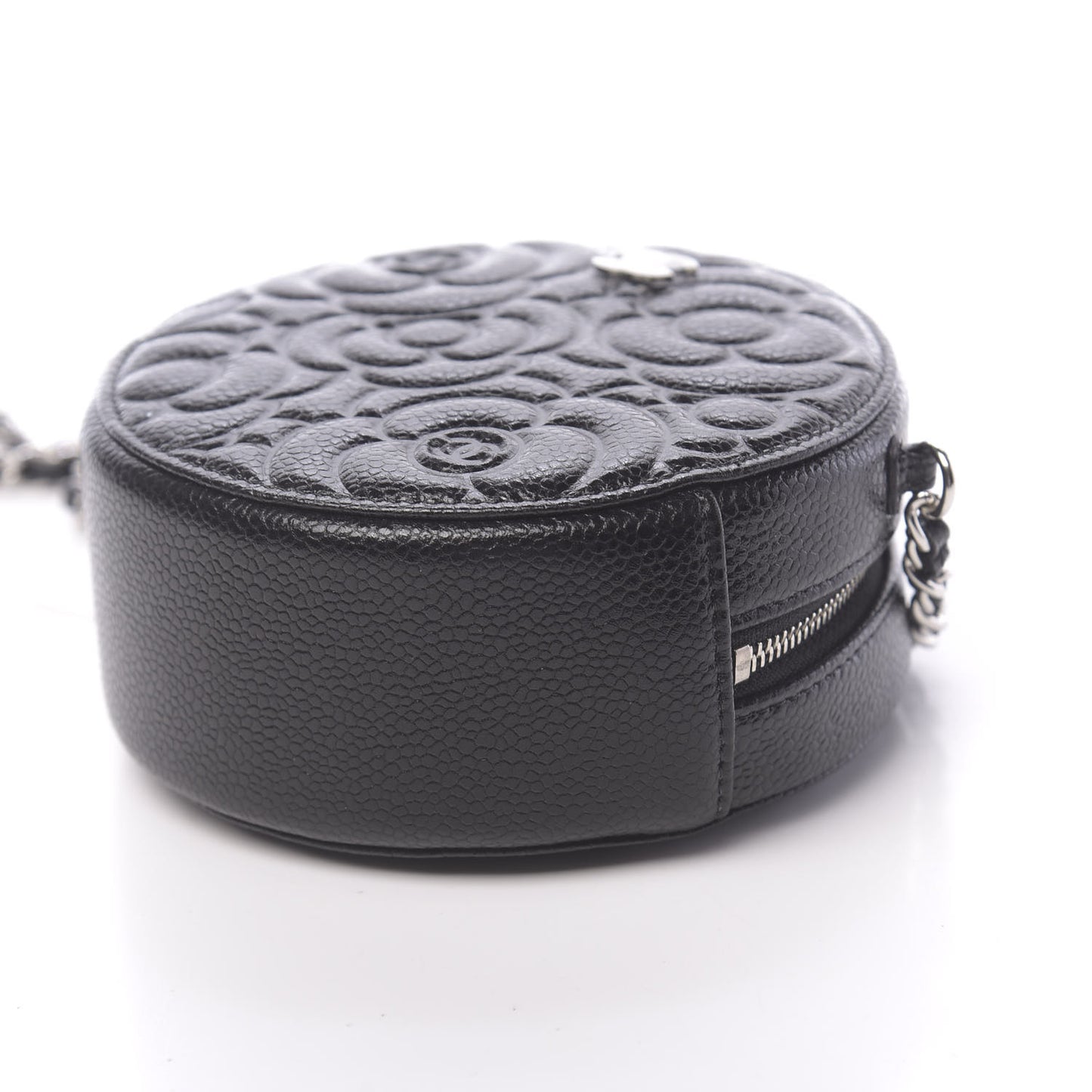 Caviar Camellia Embossed Round Clutch With Chain Black