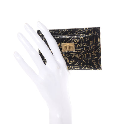 Chanel Calfskin Crocodile Embossed Graffiti 2.55 Cocodile Reissue Card Holder Black Gold 2 of 9