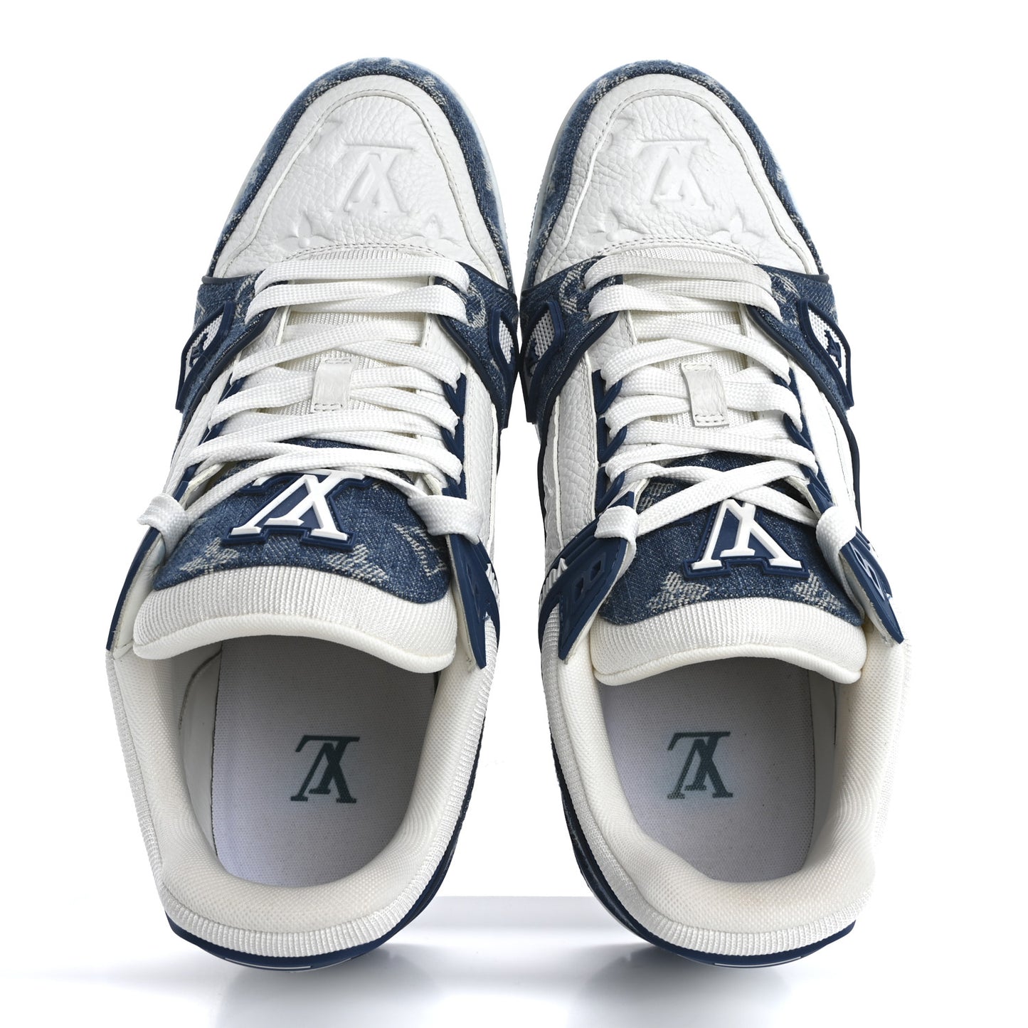 Calfskin Embossed Monogram Denim Mens LV Trainer Sneakers 7.5 Blue
