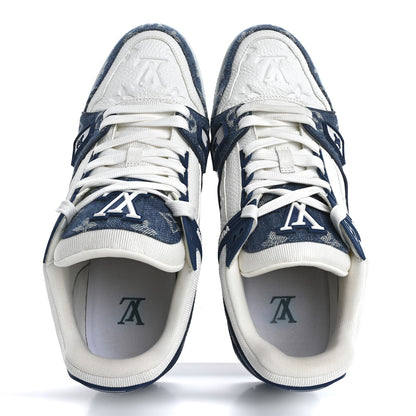 Louis Vuitton Calfskin Embossed Monogram Denim Mens LV Trainer Sneakers 7.5 Blue 2 of 13