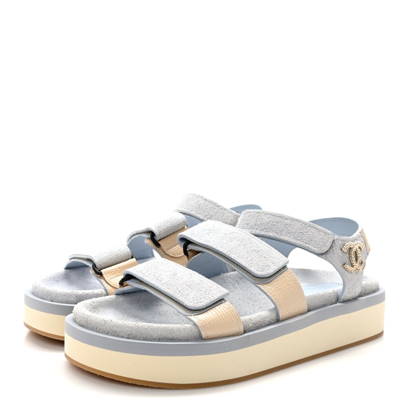 Suede Calfskin Velcro Flat Sandals 39 Light Blue Beige