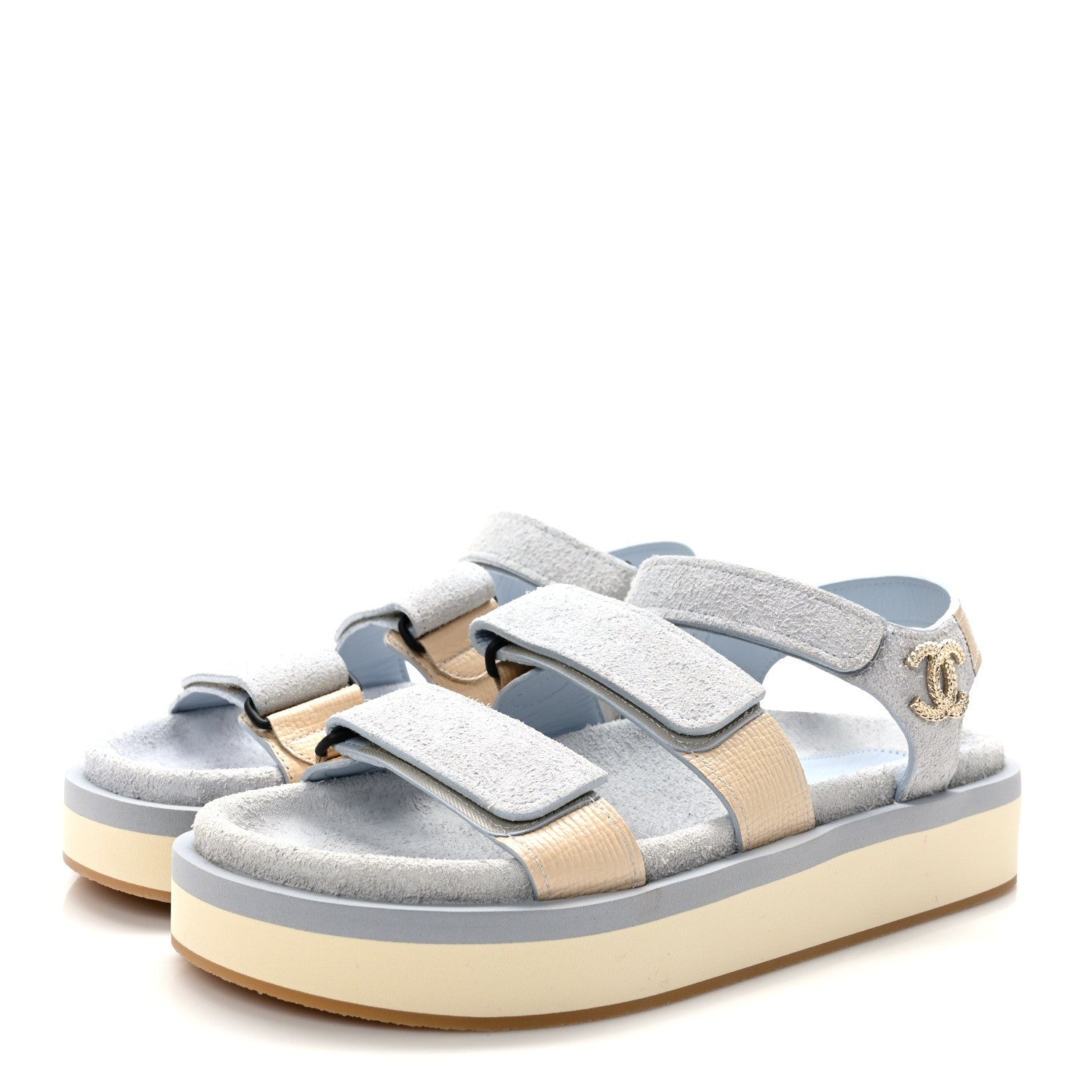 Chanel Suede Calfskin Velcro Flat Sandals 39 Light Blue Beige 3 of 9