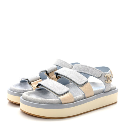 Chanel Suede Calfskin Velcro Flat Sandals 39 Light Blue Beige 3 of 9