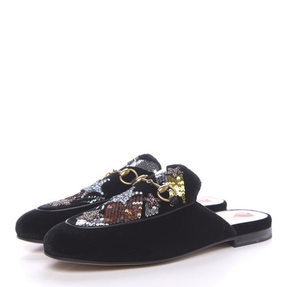 Gucci Velvet Crystal Embroidered Womens Princetown Slippers 37.5 Black 3 of 9
