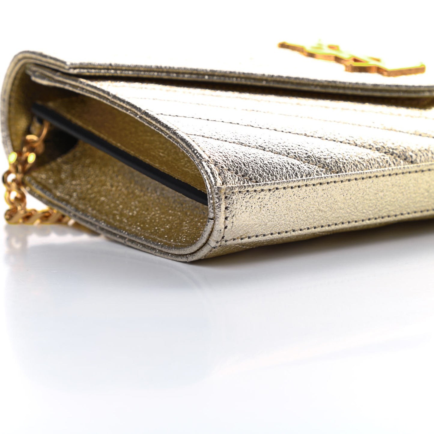 Metallic Grain De Poudre Matelasse Chevron Monogram Chain Wallet Gold