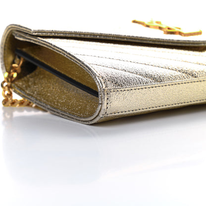 Saint Laurent Metallic Grain De Poudre Matelasse Chevron Monogram Chain Wallet Gold 10 of 12