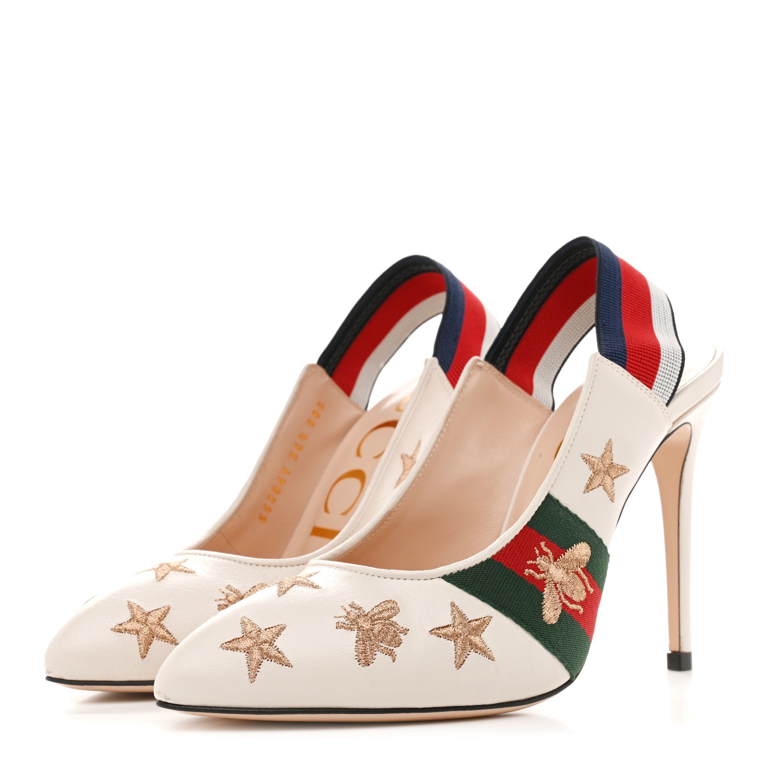 Gucci Malaga Kid Web Bee Star Embroidered Sylvie High Heel Slingback Pumps 36.5 White 4 of 13