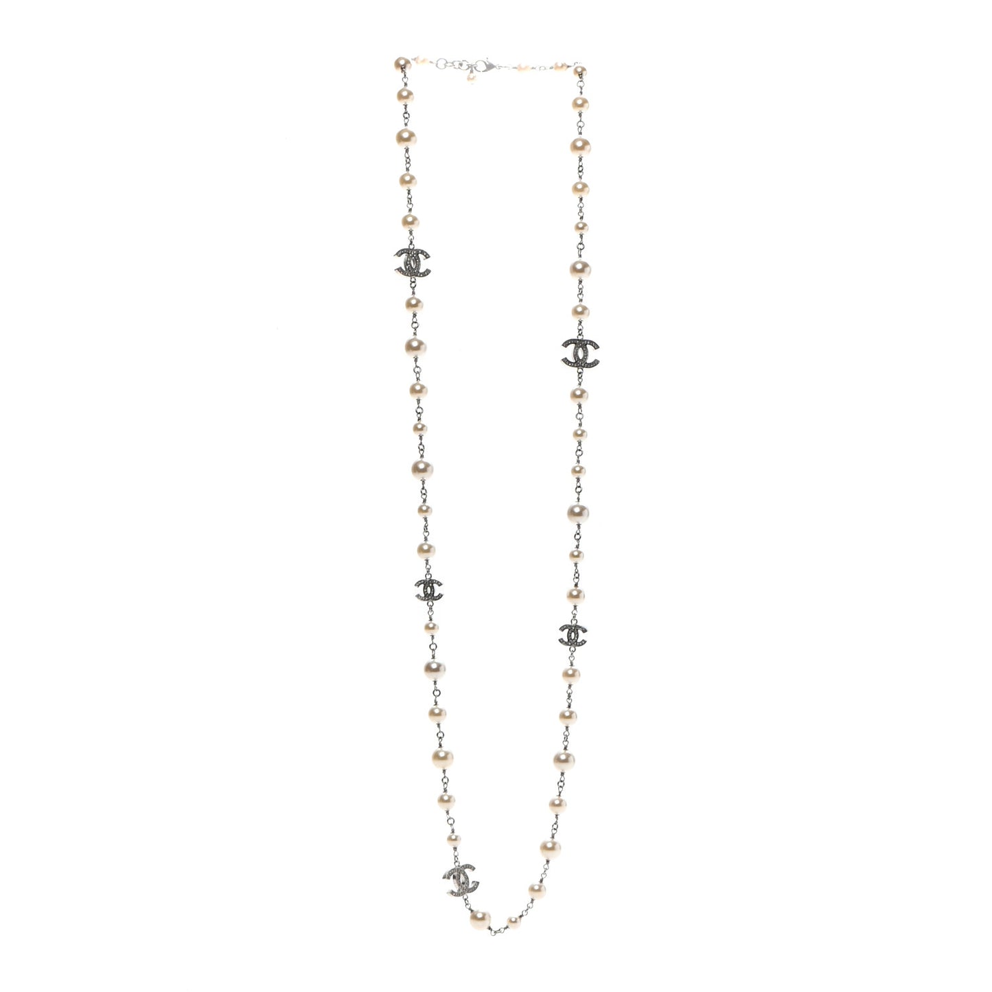 Crystal Pearl CC Long Necklace Silver